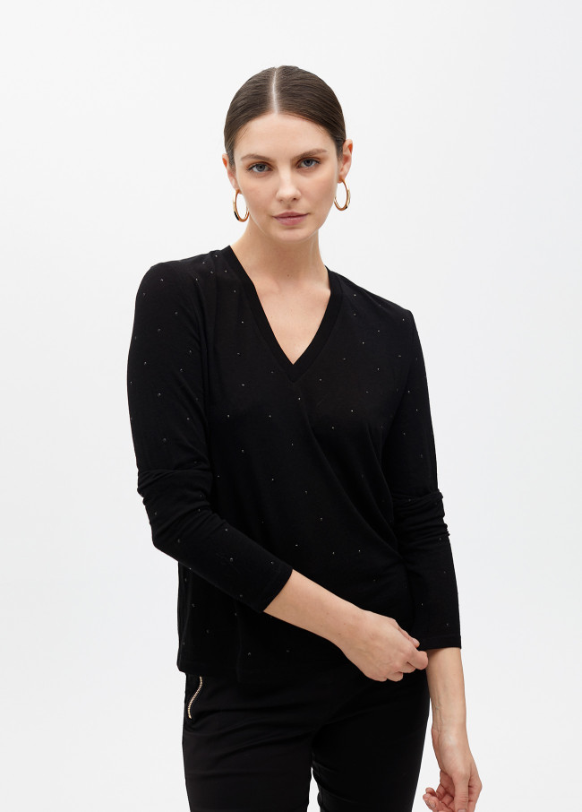 Strickoberteil mit V-Ausschnitt und Strass-Details