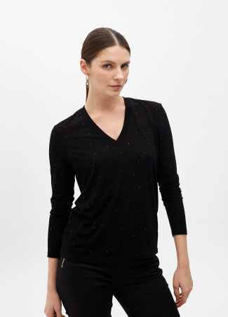 Knit V-neck T-shirt with rhinestone details
