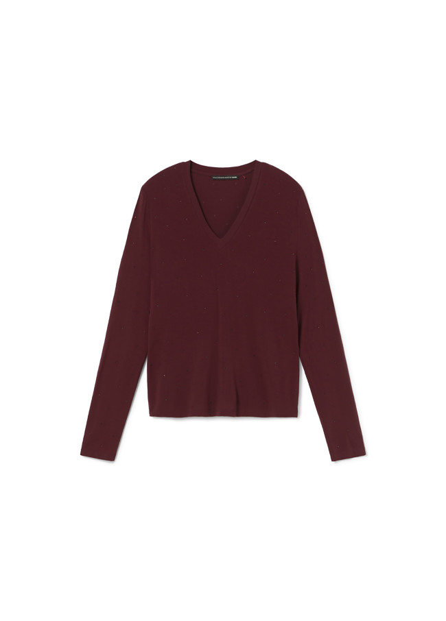 Knit V-neck T-shirt with rhinestone details