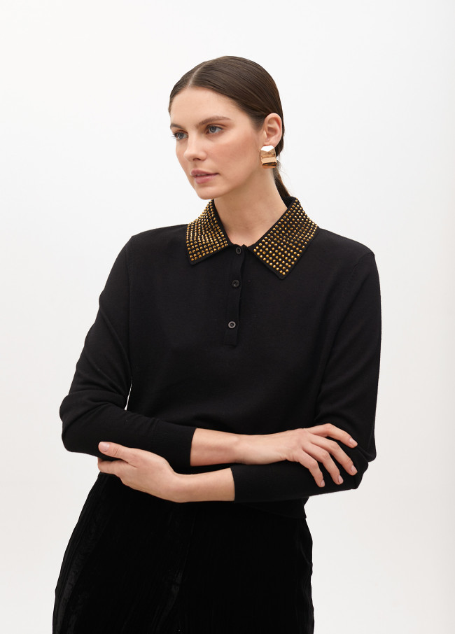 Polo-Style Pullover mit Strasskragen