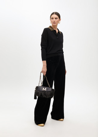 Polo sweater with rhinestone collar