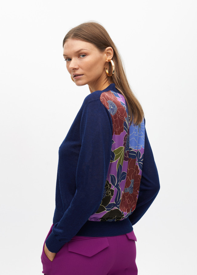 Cardigan corto punto fino con espalda estampada