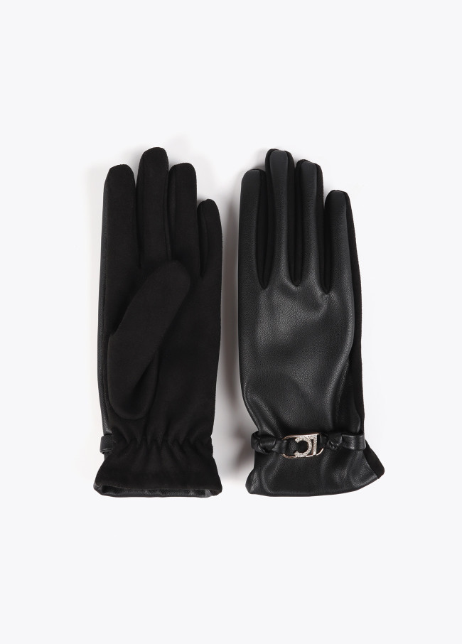 Faux leather gloves with wrist strap with oval...