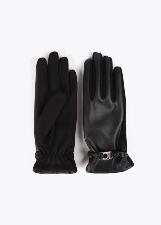 Faux leather gloves with wrist strap with oval logo