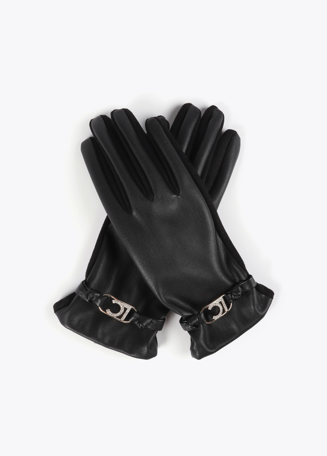 Faux leather gloves with wrist strap with oval...