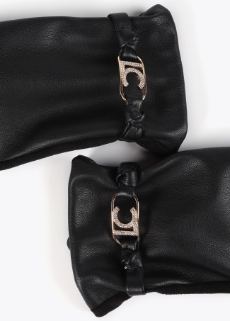 Faux leather gloves with wrist strap with oval logo
