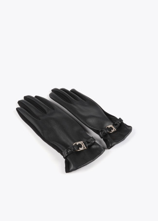 Faux leather gloves with wrist strap with oval logo