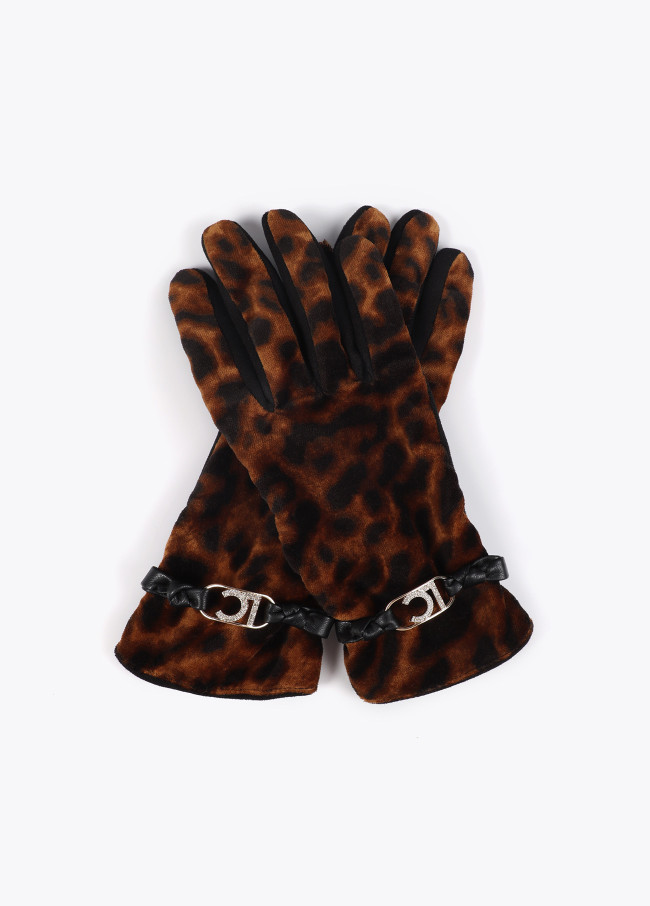 Faux leather gloves with wrist strap with oval...