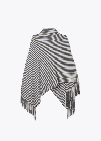 Poncho with striped knit collar