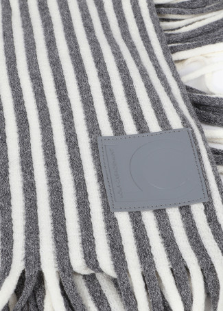 Poncho with striped knit collar