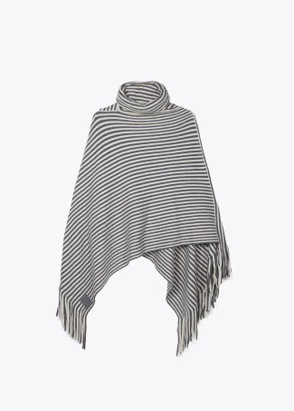Poncho with striped knit collar