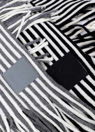 Poncho with striped knit collar