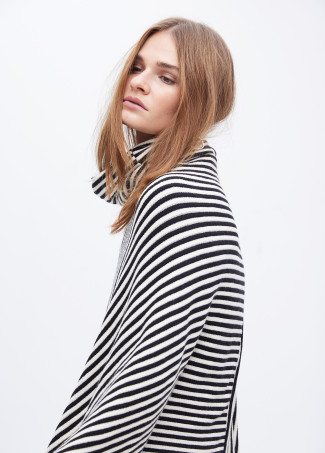 Poncho with striped knit collar