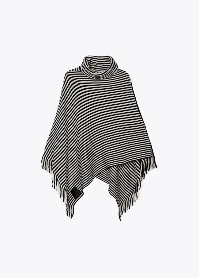 Poncho with striped knit collar