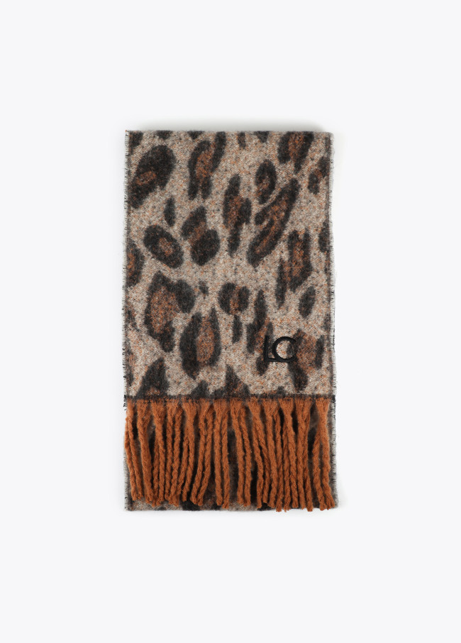 Animal print scarf with fringing