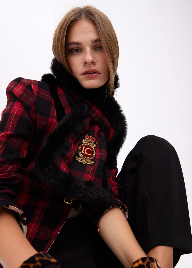 Double-sided faux fur and tartan scarf
