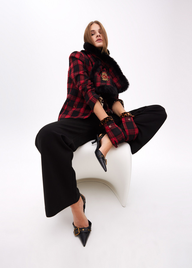 Contrast tartan and leopard print gloves