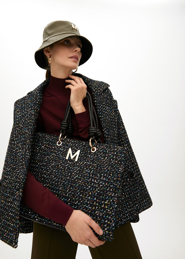 Borsa Tweed con Manici Effetto Pelle