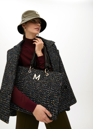 Borsa Tweed con Manici Effetto Pelle