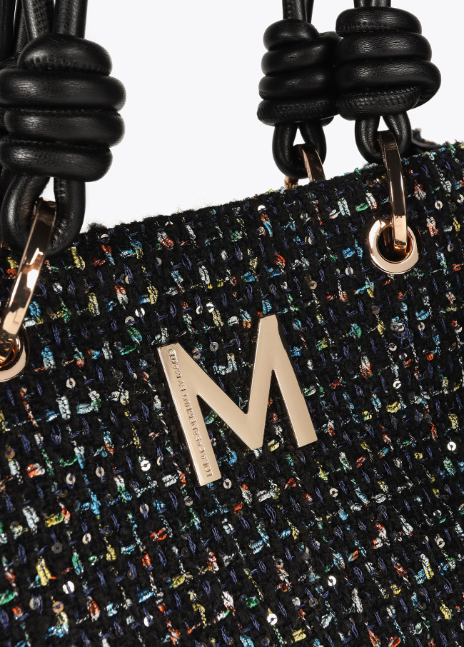 Tweed bag with faux leather straps