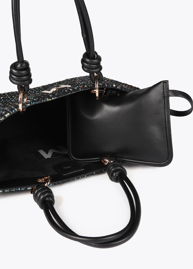 Tweed bag with faux leather straps