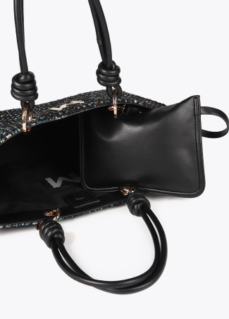 Tweed bag with faux leather straps