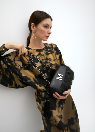 Faux fur crossbody bag with faux leather flap