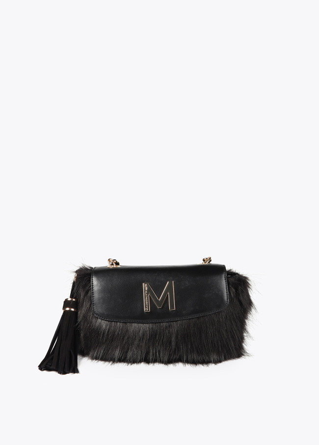 Faux fur crossbody bag with faux leather flap