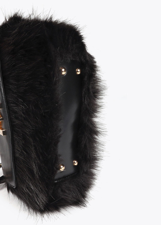Faux fur crossbody bag with faux leather flap