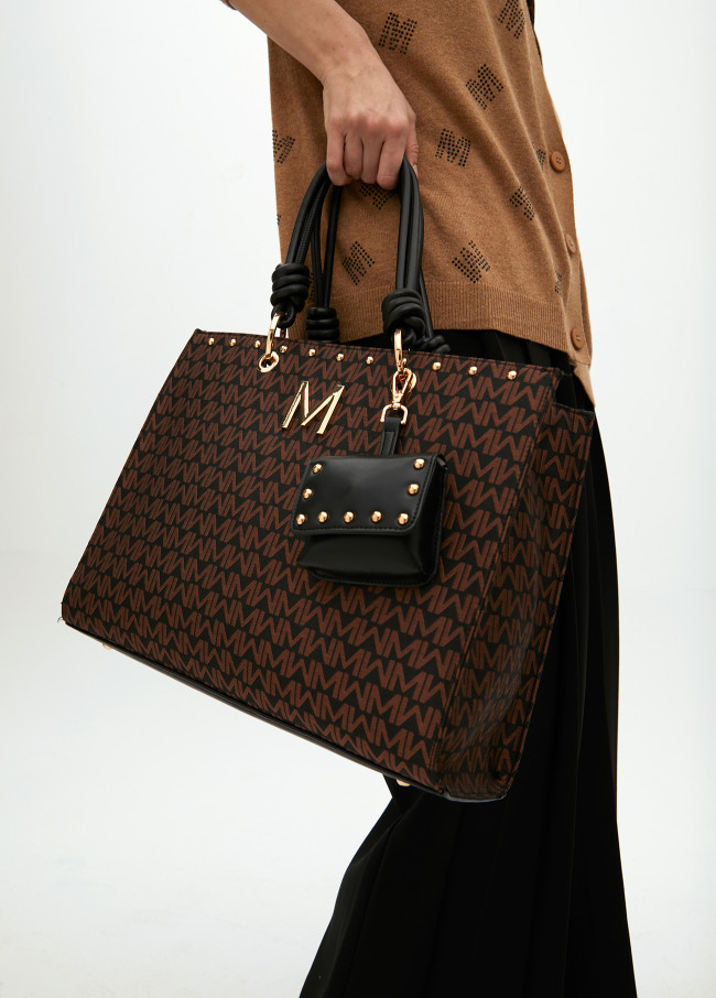 Bolsa Jacquard Monograma com Alças Efeito Pele e Pingente Carteira