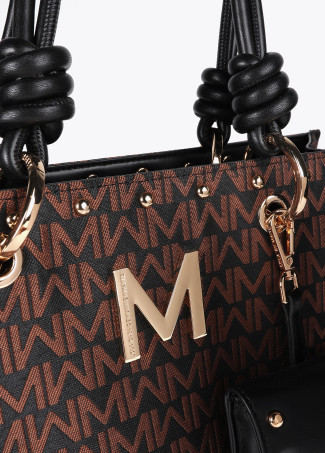 Jacquard monogram bag with faux leather straps and wallet pendant