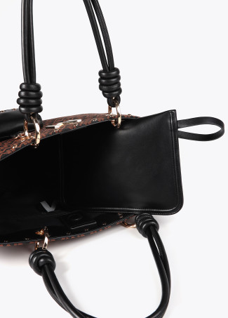 Jacquard monogram bag with faux leather straps and wallet pendant