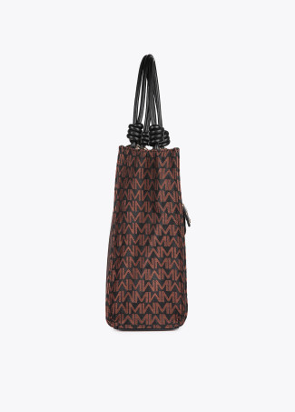 Jacquard monogram bag with faux leather straps and wallet pendant