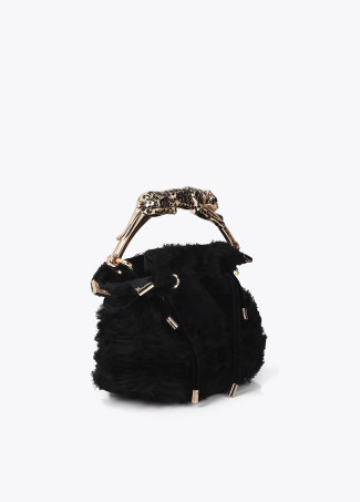 Borsa in Tessuto Fantasia Rosette con Manico Leopardo in Metallo