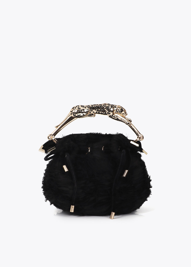 Embellished rosette fabric bag with metallic leopard strap.