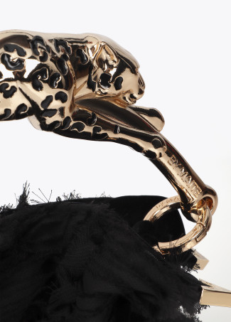 Embellished rosette fabric bag with metallic leopard strap.