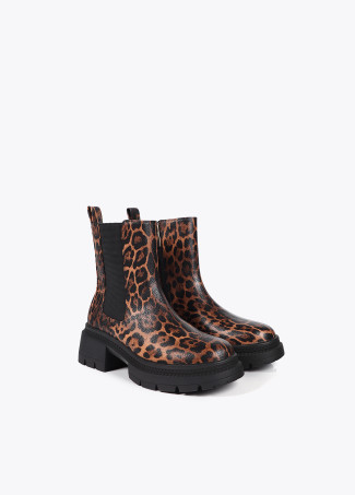 Animal print ankle boots with track sole and strap with metal details