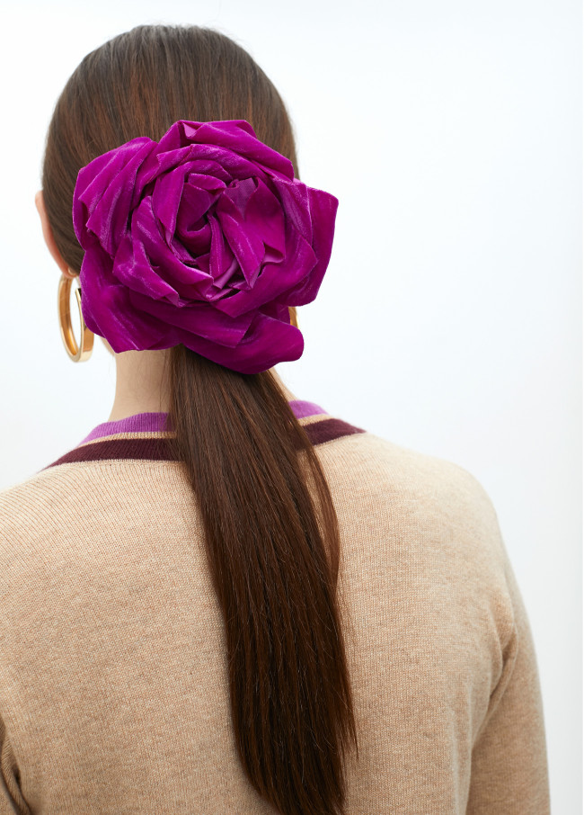 Velvet blazer with flower on lapel