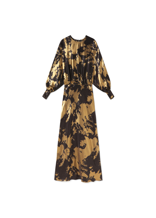 Long printed dress with asymmetrical sleeves