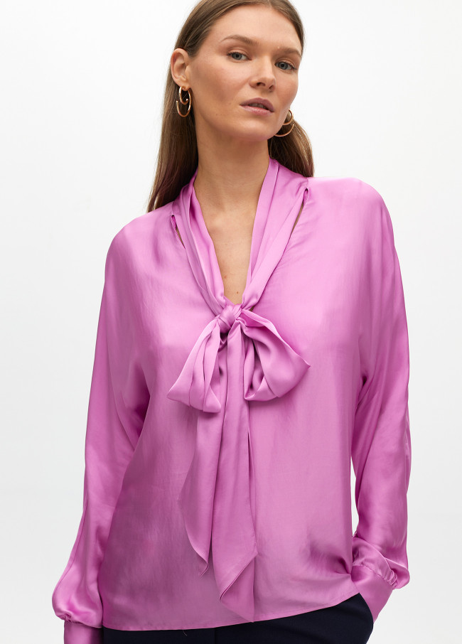 Flowing satin blouse with a bow