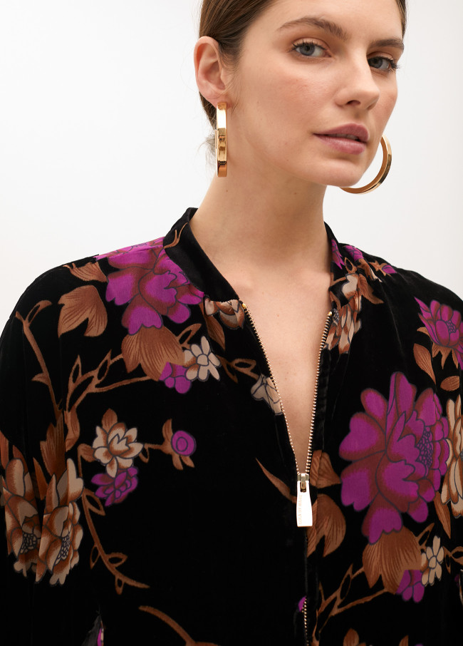 Floral print devoré velvet bomber jacket