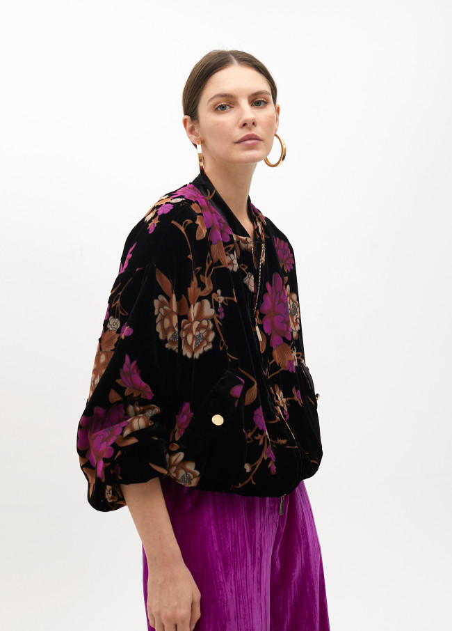 Floral print devoré velvet bomber jacket