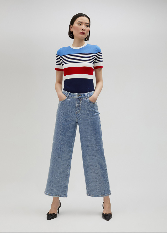 Denim cropped com lantejoulas