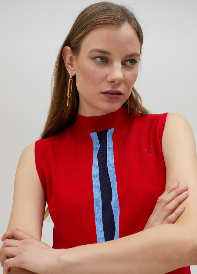 Mock neck top with sporty stripes