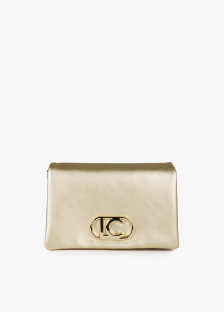 Faux leather crossbody bag with three compartments and flap.