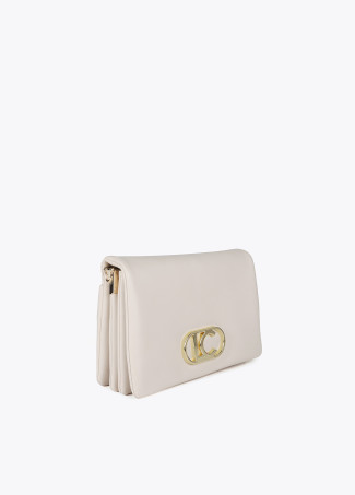 Faux leather crossbody bag with three compartments and flap.