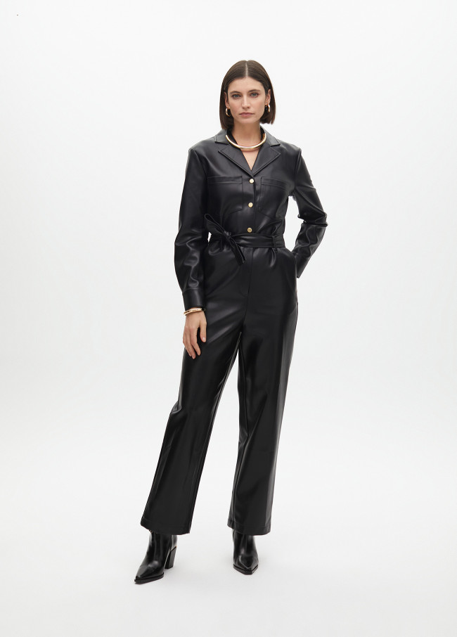 Faux leather jumpsuit with knot