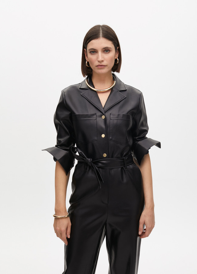 Faux leather jumpsuit with knot