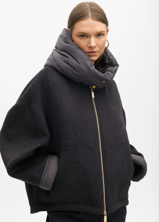 Short hooded coat in two materials: nylon and cloth