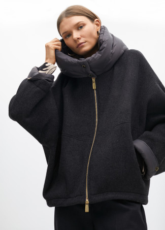Short hooded coat in two materials: nylon and cloth